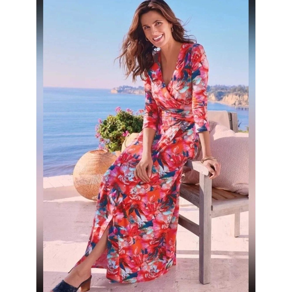 Soft Surroundings Le Jardin Wrap Dress XL Crimson‎ Flora Red Orange Floral Maxi